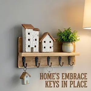 1pc 3D Rustic Wall-mounted Key Holder with 5 Hooks, Wall-mounted Key Rack, Wooden Entryway Organizer with Hooks, Suitable for Bedroom, Home Wall Display, Art Wall Storage, Art and Craft Wall Display Rack, Key Hook and Coat Hook
