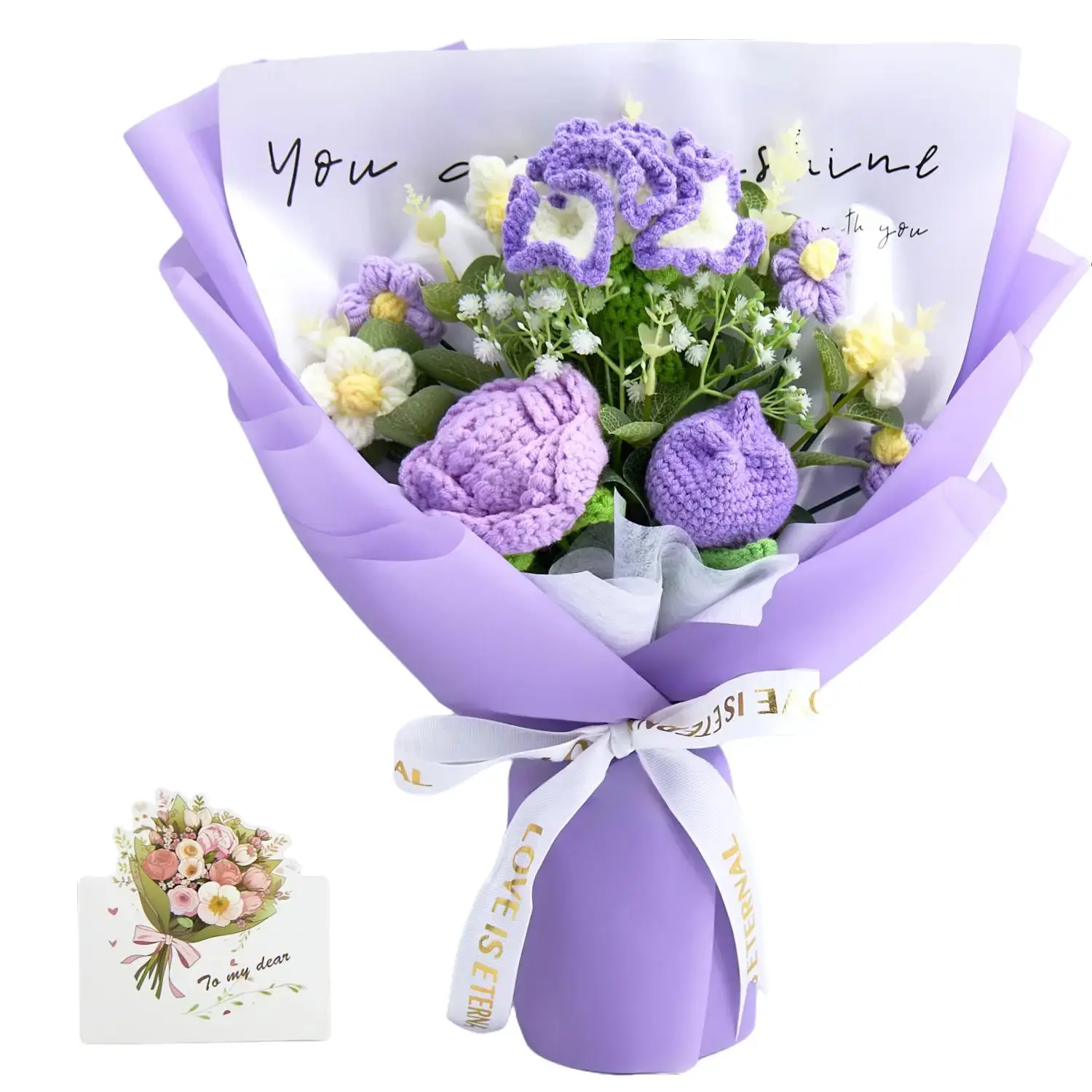 YShomy Handmade Crochet Flowers Bouquet Gift for Girlfriend Birthday Wedding Anniversary Just Because Graduation Gift with Carnation Tulip Rose Forever Flowers for Her with Greeting Card US Fast Shipping Purple Home Decor Mother Wife Gift