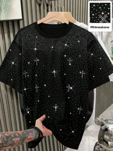 Men's Cool Shiny Rhinestone Star Cross Print Round Neck Short Sleeve T-Shirt, Graphic Tees, Sparkling Diamond Decoration, Casual Breathable Summer Top, Street Style, Streetwear