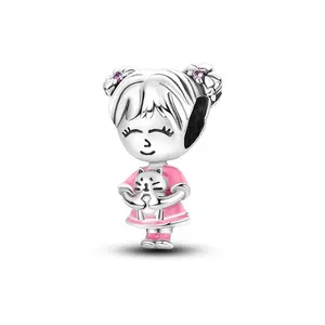 Now $0.99 – Moving Inventory! Only 50 Left 925 Sterling Silver Girl with Cat Pendant Charm For Bracelets Beads