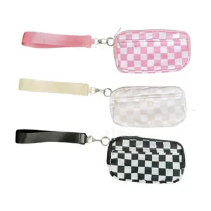 Nylon Phone Holder Wallet with Wristlet Strap by Gold Blush- Checkered Print Accessories Smartphone Cellphone Durable Zip Closure For Security great gift keychain purse bag purse wallets women