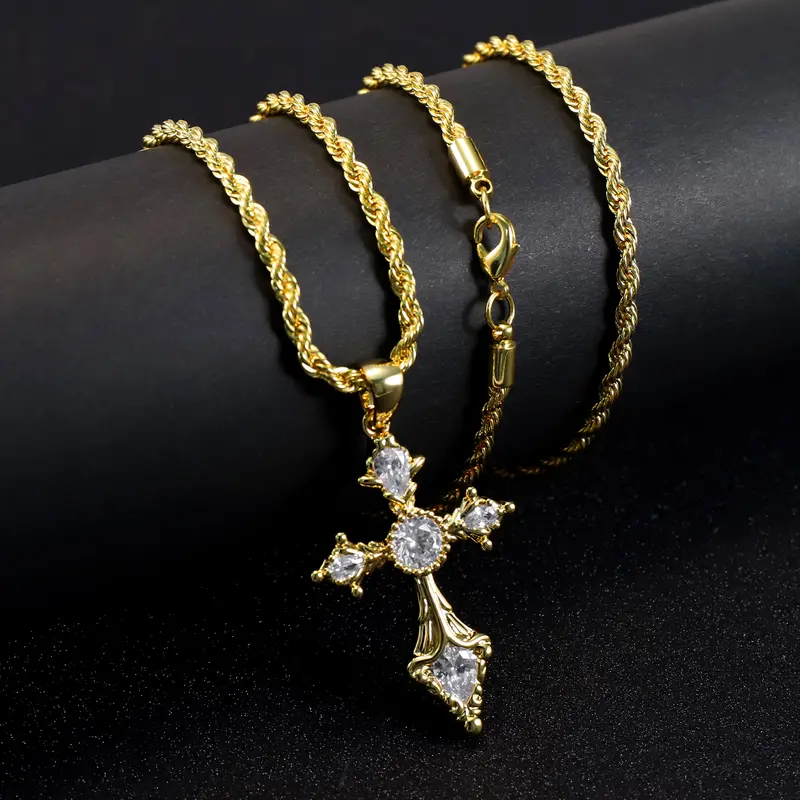 14K Gold-Plated Bling Double Cross Faith Necklace - Hypoallergenic Unisex Fashion Jewelry, Bold Look Classic Cross, Luxurious Appearance Chain and Link, Daily Versatile Chain for Daily Wear & Special Occasions