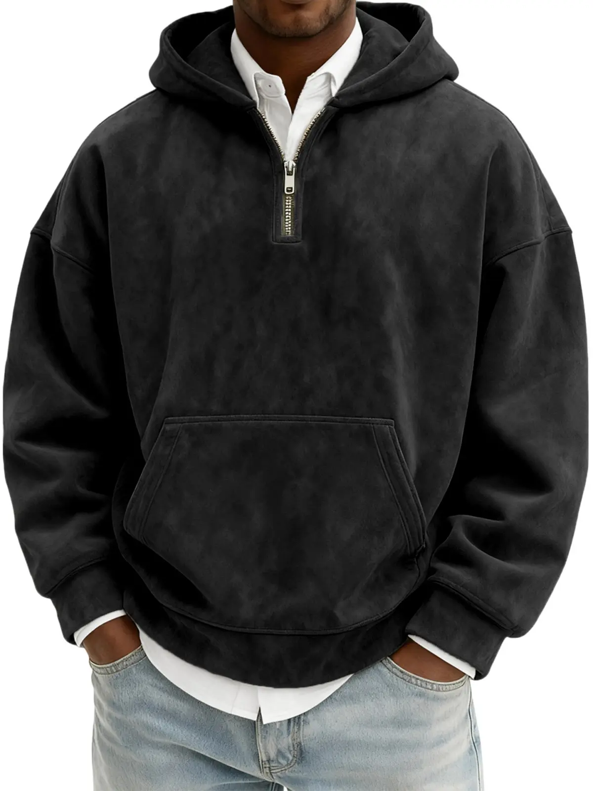 Men's Black Suede Hoodie with Zipper and Pocket - Casual Streetwear for Everyday Wear