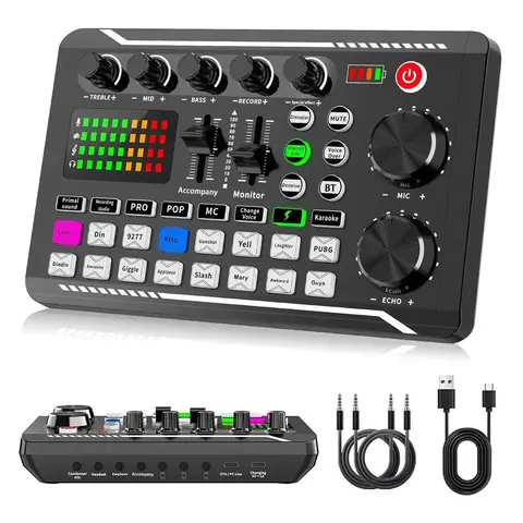 Wireless Live Audio Card Device, Karaoke Sound Card, BT Connection DJ Sound Control Equipment with Sound Converter/Mixer, Network Live Broadcast Device for Music Singing Gaming