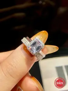 2 Pc/Set Luxury Rectangle Zircon Engagement Rings For Women Real S925 Sterling Silver Eternal Promise Wedding Ring Ladies Fine Jewelry Anniversary Gift Girlfriend Gift Birthday Gift Dating Gift Valentine's Day Gifts