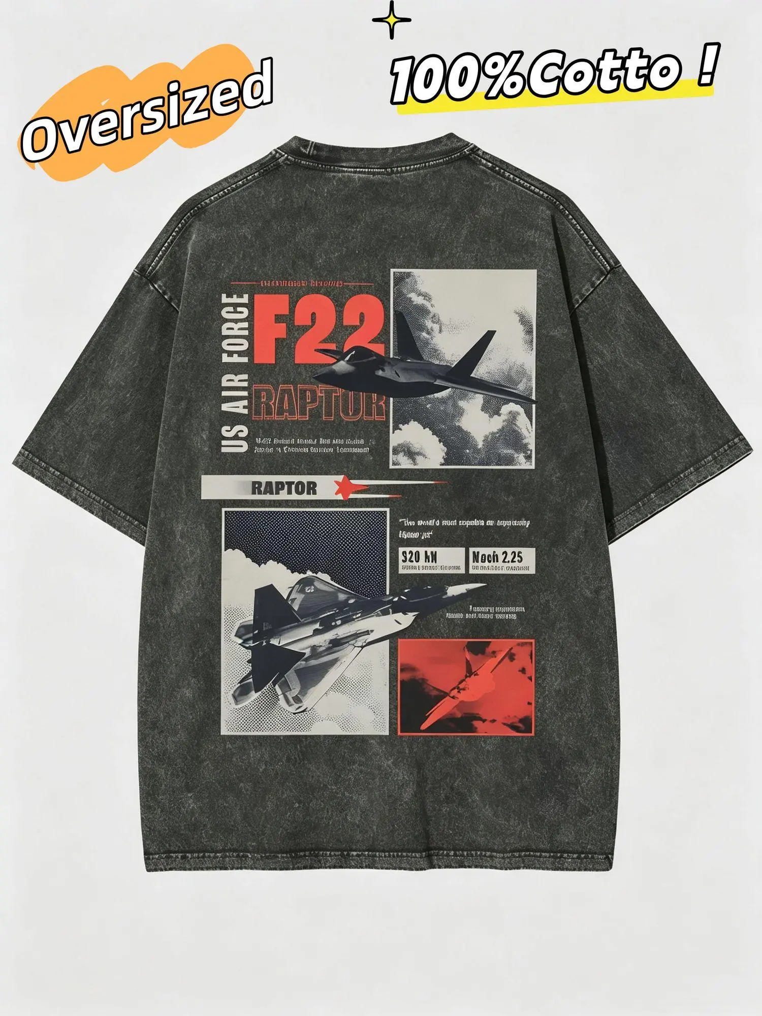 Men's Classic Oversized 100% Cotton Short-Sleeve T-Shirt - Vintage Acid Washed, Retro Jet Fighter Cloud Graphic, Loose Distressed Round Neck, Soft Breathable Simple Streetwear for Aviation Enthusiasts, Matching Jeans (Hoodie-Style Vibe Note)