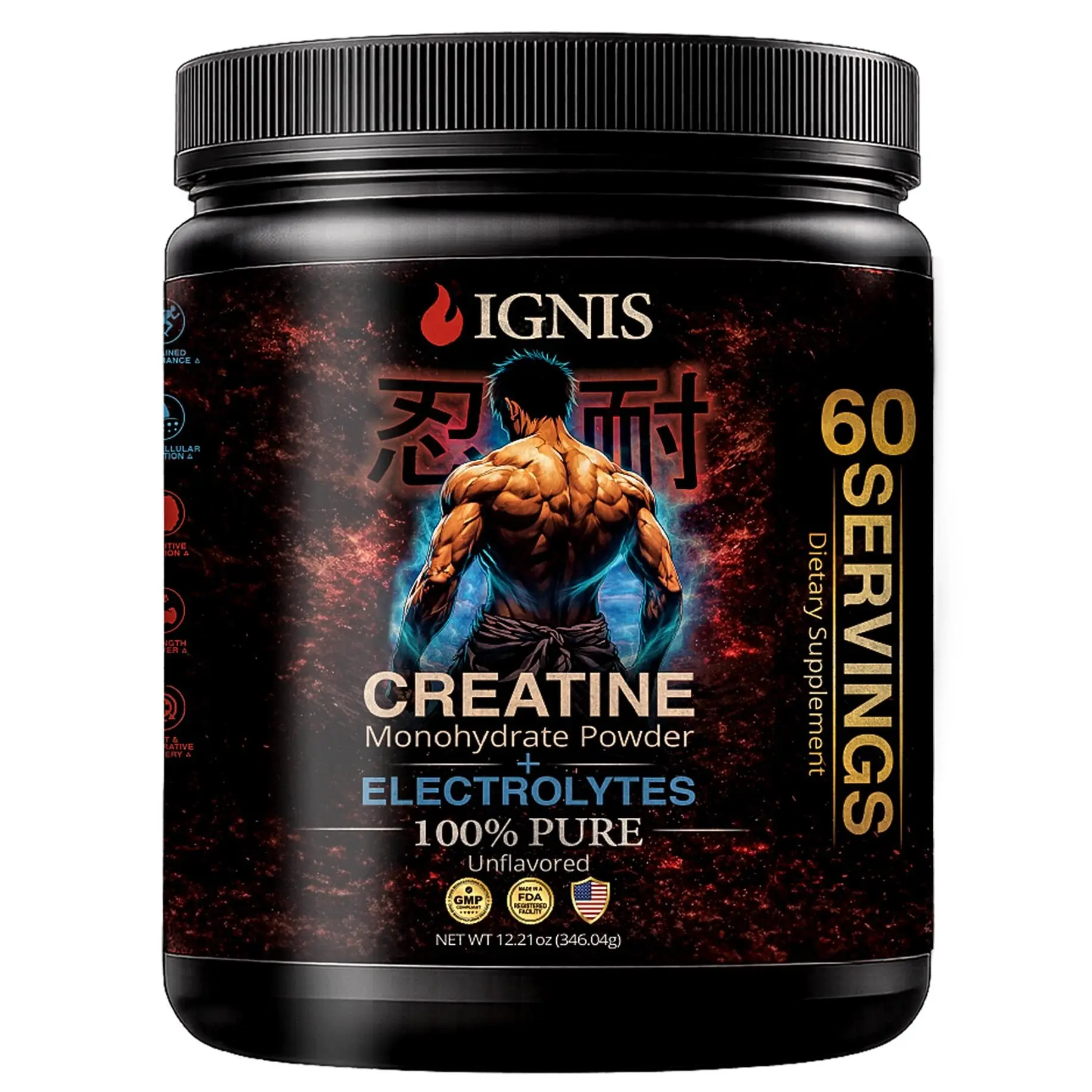 IGNIS Creatine Monohydrate Powder with Electrolytes (Magnesium) - 5g, 100% Pure, Unflavored, 60 Servings, Sugar Free, No Additives, Keto-Vegan Friendly, Lab-Tested, Made in USA, Hydrate & Power Fitness Supplement for Adults’ Strength & Muscle Performance