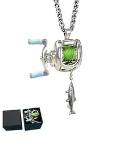 Mini Fishing Reel Necklace, Fishing Jewelry, Fishing Pendant, with Rotating Handle and Removable Line Ring, Portable Spinning Wheel Keychain, Gift for Fishing Enthusiasts