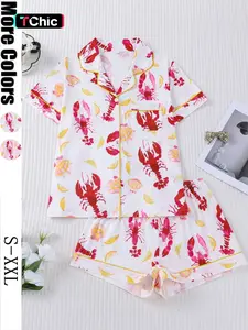 Women's Sleepwear Set, Short Sleeve Lapel Button Soft Top & Elastic Shorts, Casual Home Wear, Comfortable Daily