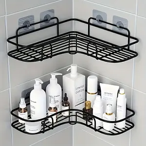Rust-proof stainless steel corner shower rack, multi-compartment wall-mounted bathroom storage rack, shampoo, conditioner, and cosmetics holder, space-saving design, durable black finish, suitable for modern bathrooms, bathroom storage accessories.