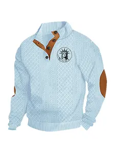 New men's knitted turtleneck long sleeve pullover sweater with Statue of Liberty print, quarter button placket, elbow patch design, regular comfortable soft warm hoodie, very suitable for daily casual wear, outdoor theme or seasonal dressing, autumn and w