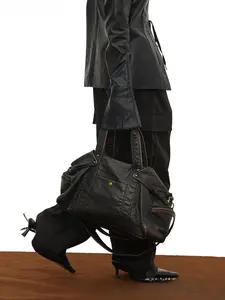 Oversized Black Faux Leather Shoulder Bag - Slouchy Texture with Utility Pockets - Edgy Streetwear Tote for Daily Use