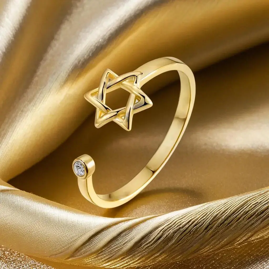 Women's Adjustable Hollow Hexagon Zircon Magen David Star Jewish Ring, Costume Jewelry Promise Gift for Special Occasions