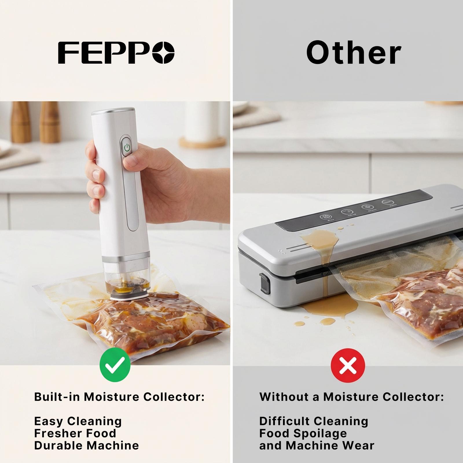 FEPPO Vacuum Sealer for Food with Visual Water Storage Tank, Handheld Saver Vacuum Sealer Machine with 10 Reusable Bags for 5X Preservation & Fresh
