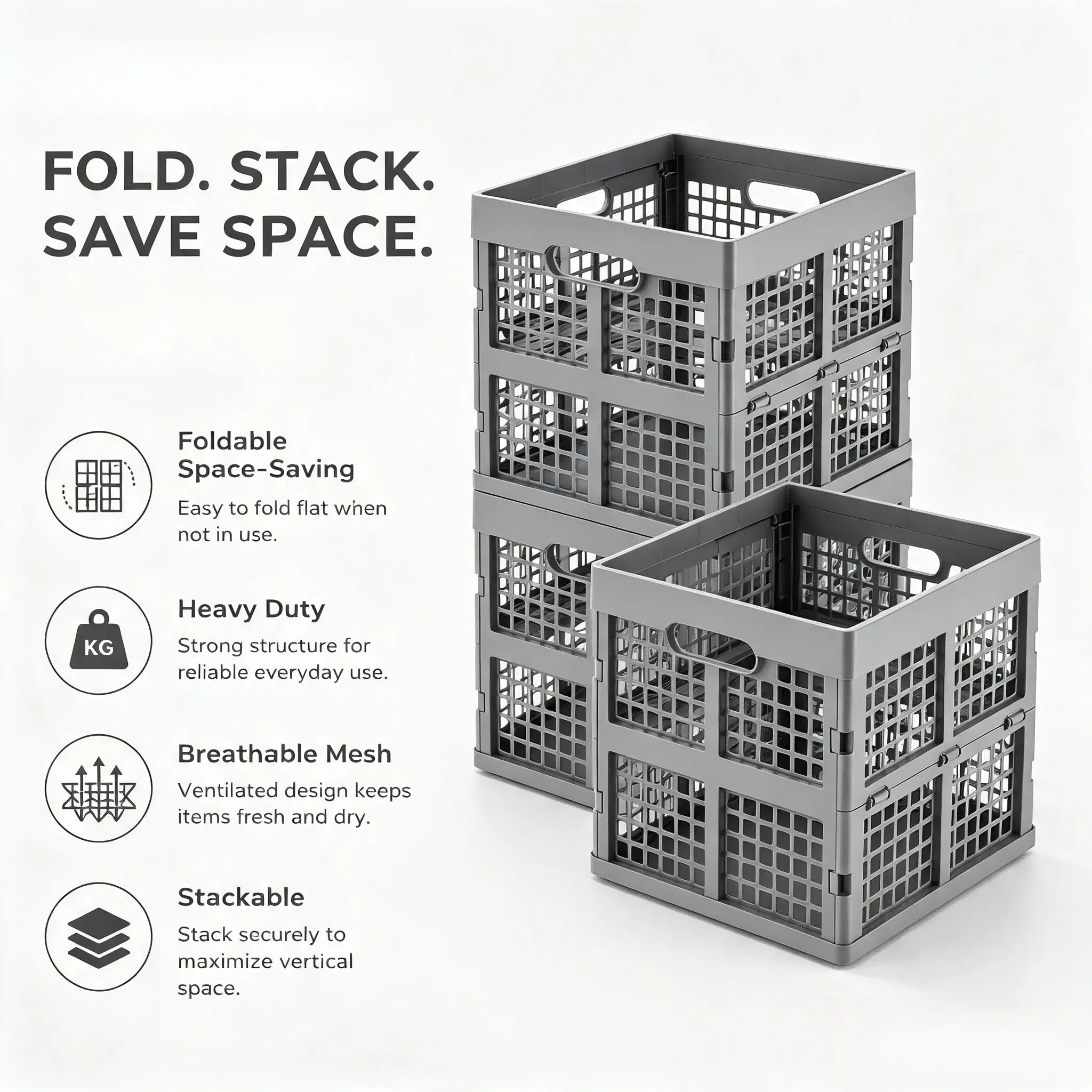 3 Pack Collapsible 16L Plastic Storage Crates With Built-in Handle Stackable Foldable Basket For Drinks Grocery Camping Garage And Household Organizing