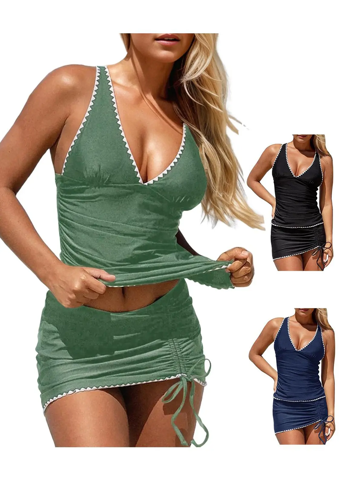 FISOEW Womens V Neck Tankini Swimsuit, 2 Piece Tummy Control Set with Strappy Top and High Waist Drawstring Skort, Drawstring Waist Tankini, Strappy Tankini Top