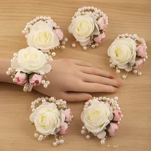 6pcs Romantic Ivory-Colored Rose Wrist Flowers for Bridesmaids And Sister Groups, Adorned with Beaded Pink Flowers, Suitable for Valentine'S Day, Evening Parties, And Spring Weddings Wrist Corsage