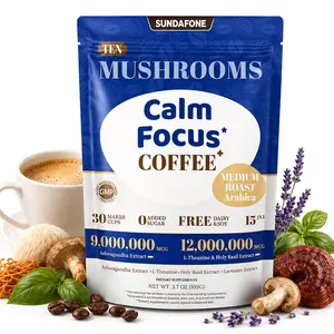 SUNDAFONE Calm Focus Mushroom Coffee - 52,500mg 10-Mushroom Blend + Ashwagandha, L-Theanine & Lavender | Support Natural Calm, Sharp Focus & Relaxation | Instant Medium Roast Arabica - 30 Servings