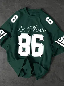 Men's Simple Style T-Shirt, Number 86 and Los Angeles Handwriting Print, Loose Fit, Casual Wear, Polyester Fiber