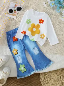 Girls' Floral Print Long Sleeve T-Shirt & Denim Bell Bottoms Set, Sweet Vintage Style, Casual for Daily Play
