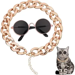1 PCS Cat Chain Collar and Cat Sunglasses Gold Chain Cats Collar Pet Sunglasses Retro Dog Costume Set Include Adjustable Gold Pet Chains and Funny Cute Cats Small Dog Sunglass