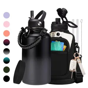1/2 Gallon Vacuum Flask Water Bottle - Stainless Steel Insulated Water Bottle, 32/40/64/128oz Big Water Jug with Straw & Spout Lid, Paracord Handle, Carrier Bag