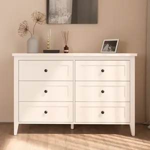 VOWNER 6 Drawer Dresser for Bedroom with Metal Knobs, Mid-Century Dresser Wood Chest Organizer with Wide Storage, for Bedroom, Living Room, White