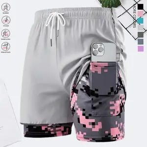 Women’s summer shorts: double-layer faux two-piece mid-length shorts; camouflage women’s shorts; polyester–spandex knit fabric shorts; breathable, quick-drying compression base layer shorts; elastic waistband with drawstring; side mesh pockets; suitable f