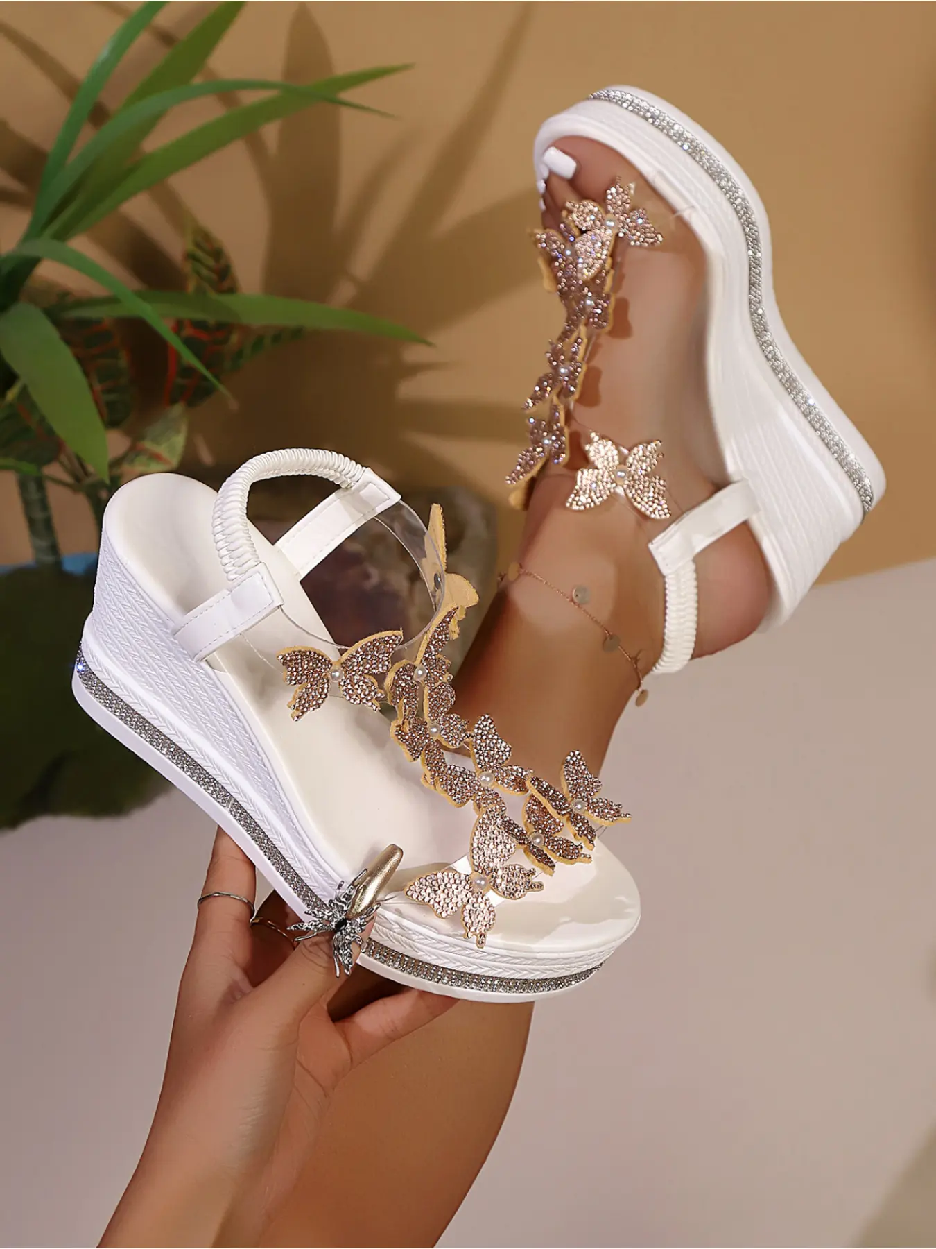 Women's Platform Heels Sandals with Rhinestone Butterfly Decoration Glitter Decorated Sandals for Party and Casual Wear Low Wedges Platform Affordable Sandals Embellished Platform Sandal Sparkly Party Shoes Fashionable Footwear