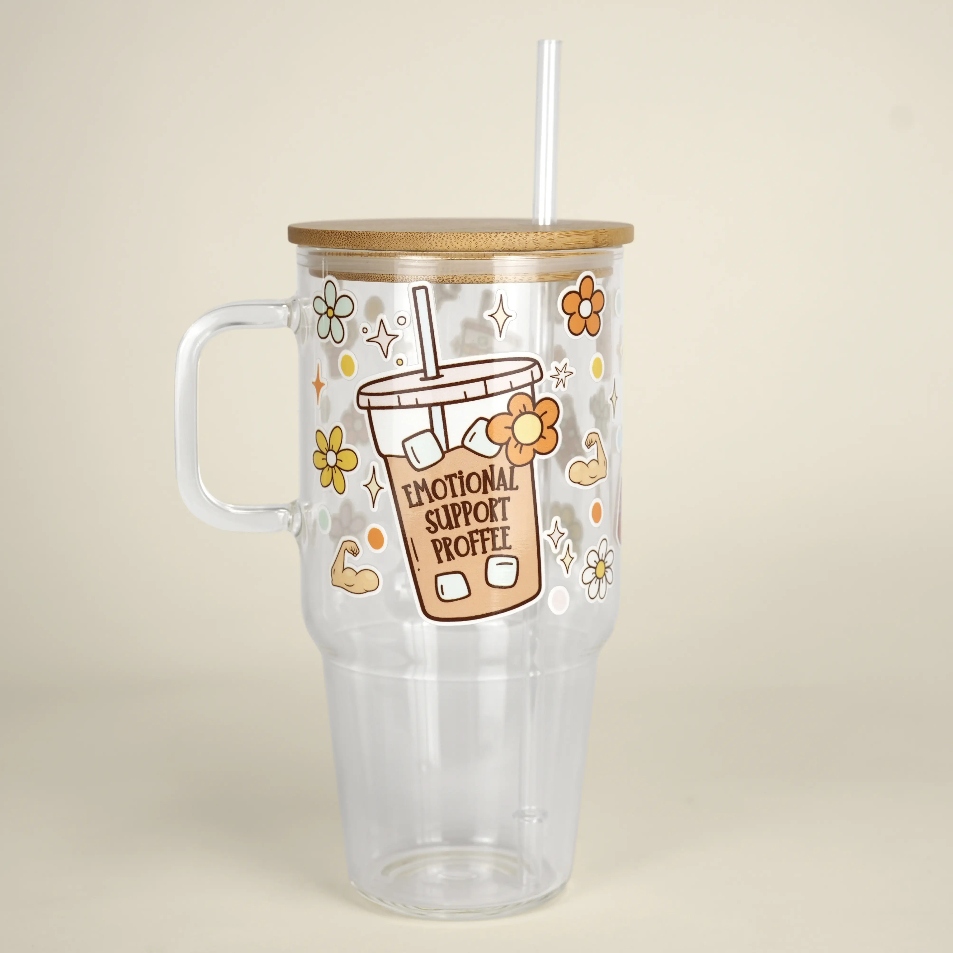 Bariatric Bestie 40oz Glass Tumbler with Lid and Straw, Iced Coffee Drinkware, Gift for Her, Acrylic Tumbler, water bottle for women, iced coffee cup, Bamboo, Glossy, Reusable, Silicone