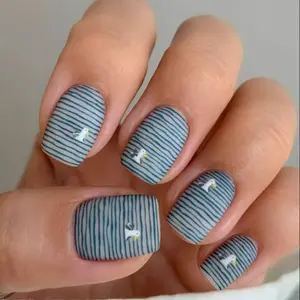 24-Piece Medium French Style False Nails Set, Blue Striped Base Color with Seagull Stickers, Lightweight & Secure Adhesive Design