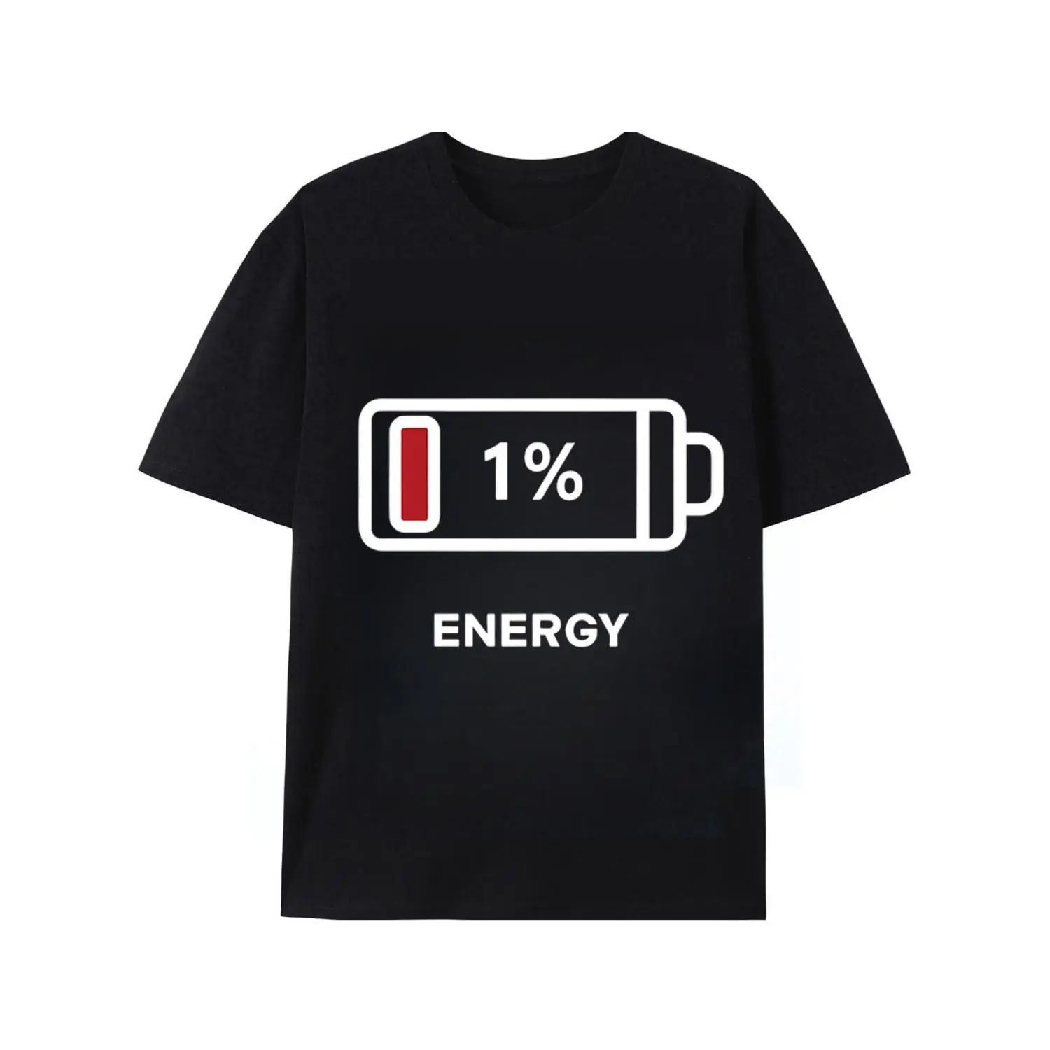 Unisex Funny Tech Graphic Tee, Low Battery 1% Smartphone Indicator Crew Neck Casual T-Shirt for Programmers Gamers IT Workers