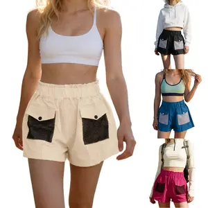 WoodBerry Women's High Waisted Cargo Shorts Elastic Loose A-line Shorts with Breathable Mesh Pockets Casual Wide Leg Shorts for Camping & Streetwear