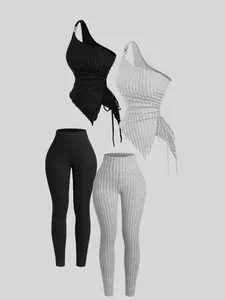 Women's Solid Ribbed Crop Tank Top & Wide Band Waist Leggings Four-piece Set, Casual Fashion Cozy Breathable for Daily Outdoor Wear, Ladies Clothes for Spring & Fall, Athletic Style Activewear, Yoga Clothes Set