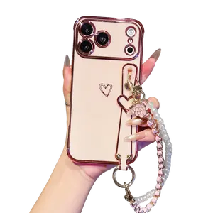 Plated Hollow Love Heart Wrist Strap Kickstand Cellphone Case with Lanyard, Soft Silicone Protection Cover for iPhone 17 Pro Max, 16, 15, 13 Pro Devices - Mobile Phone Accessory