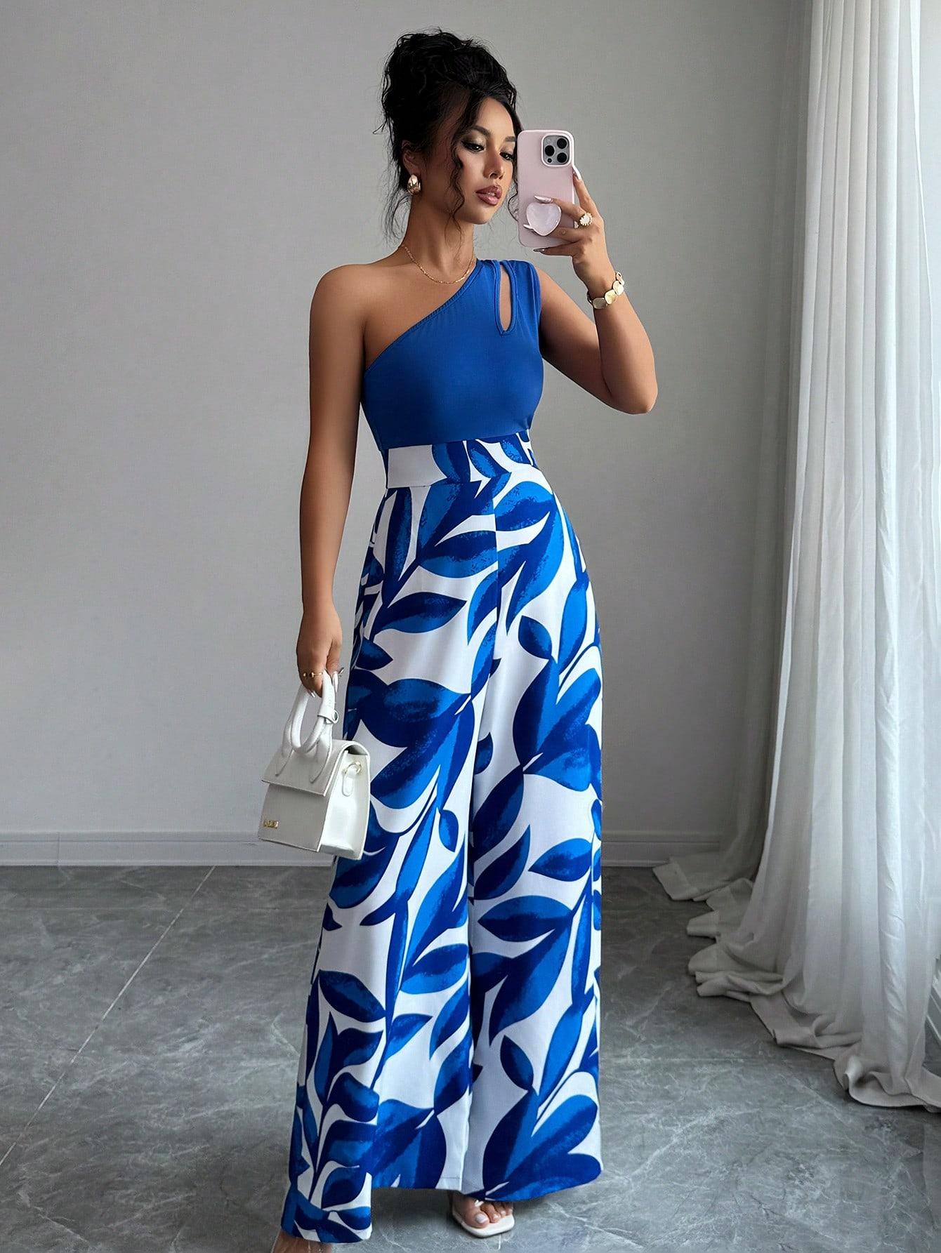 ASANDY Women's One Shoulder Cutout Wide Leg Jumpsuit Leaf Print High Waist Colorblock Casual Jumpsuit Elegant Silhouette Versatile Style Perfect For Vacation Date Night Streetwear & Daily Looks