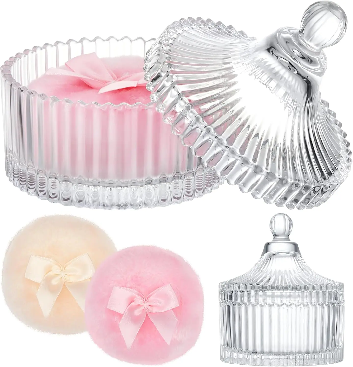 3 Pcs Large Reusable Powder Puffs with Classic Crystal Container, Soft Washable Velour, Wet-Dry Use for Face & Body Glitter, Valentine's Day Beauty Gift