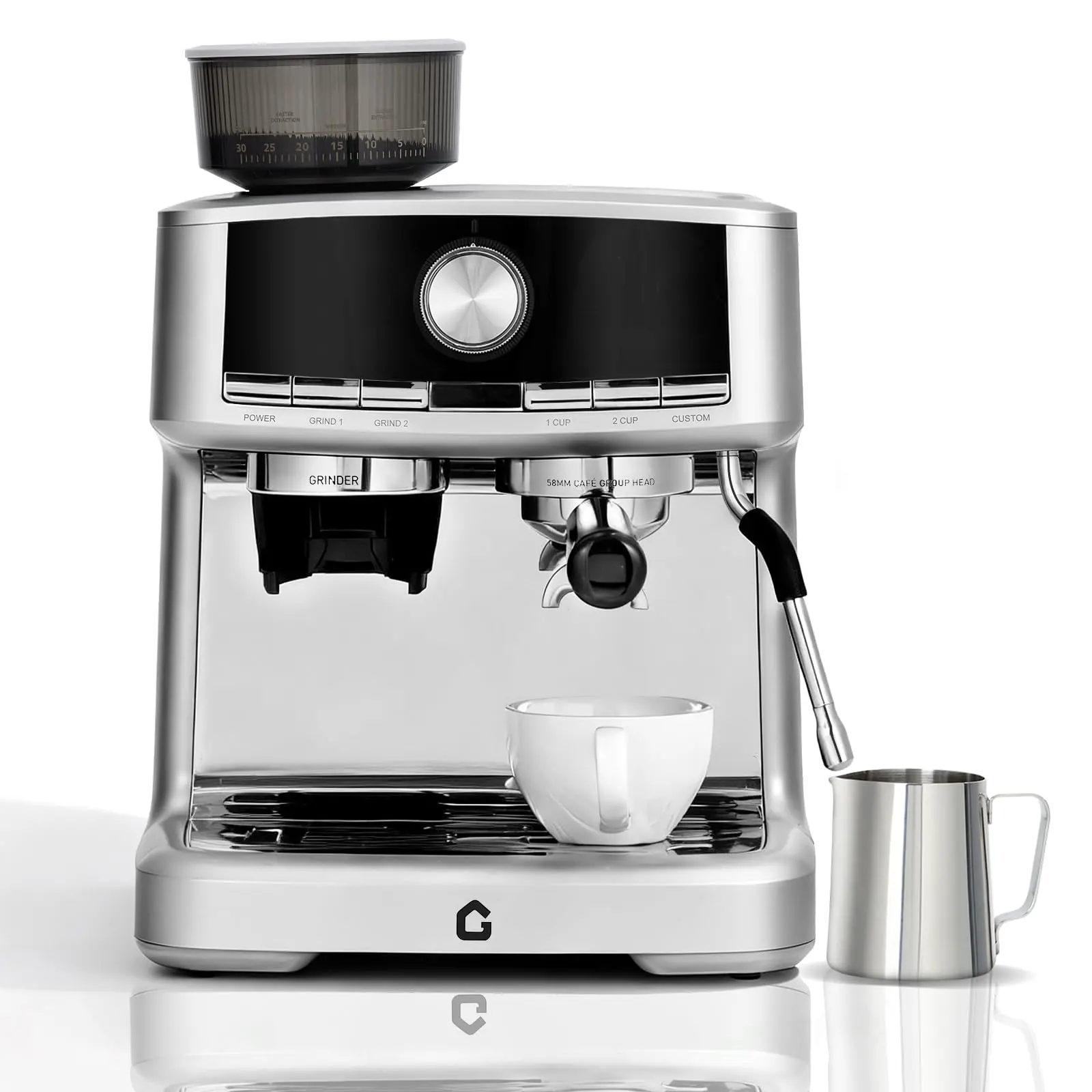 GARVEE 20 Bar Pressure Stainless Steel Espresso Machine with Grinder, 1.5L Removable Water Tank, Milk Frother Steam Wand for Latte/Cappuccino - Adjustable Shot Volume, Professional Home/Office Use