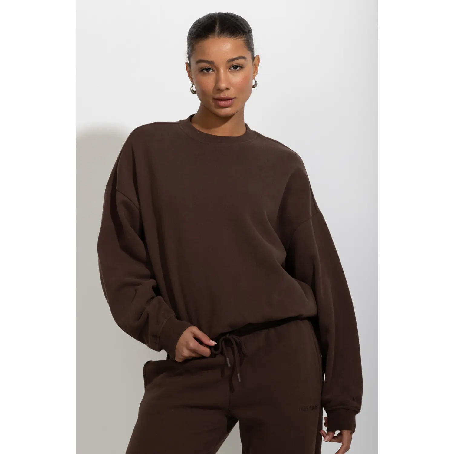 The Soft Peach Fleece Oversized Crewneck Sweatshirt With Side Pockets - Armadillo Brown