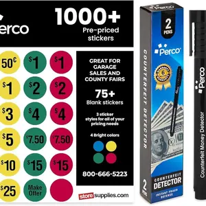 Perco Garage Sale Price Stickers with Counterfeit Money Detector Pens Kit - Includes 1000+ Pre-Priced & 75+ Blank Stickers and a Pack of 2 Fake US Bill Checker to Ensure Authenticity and Prevent Fraud, 1000+ Stickers, Fraud-Proof