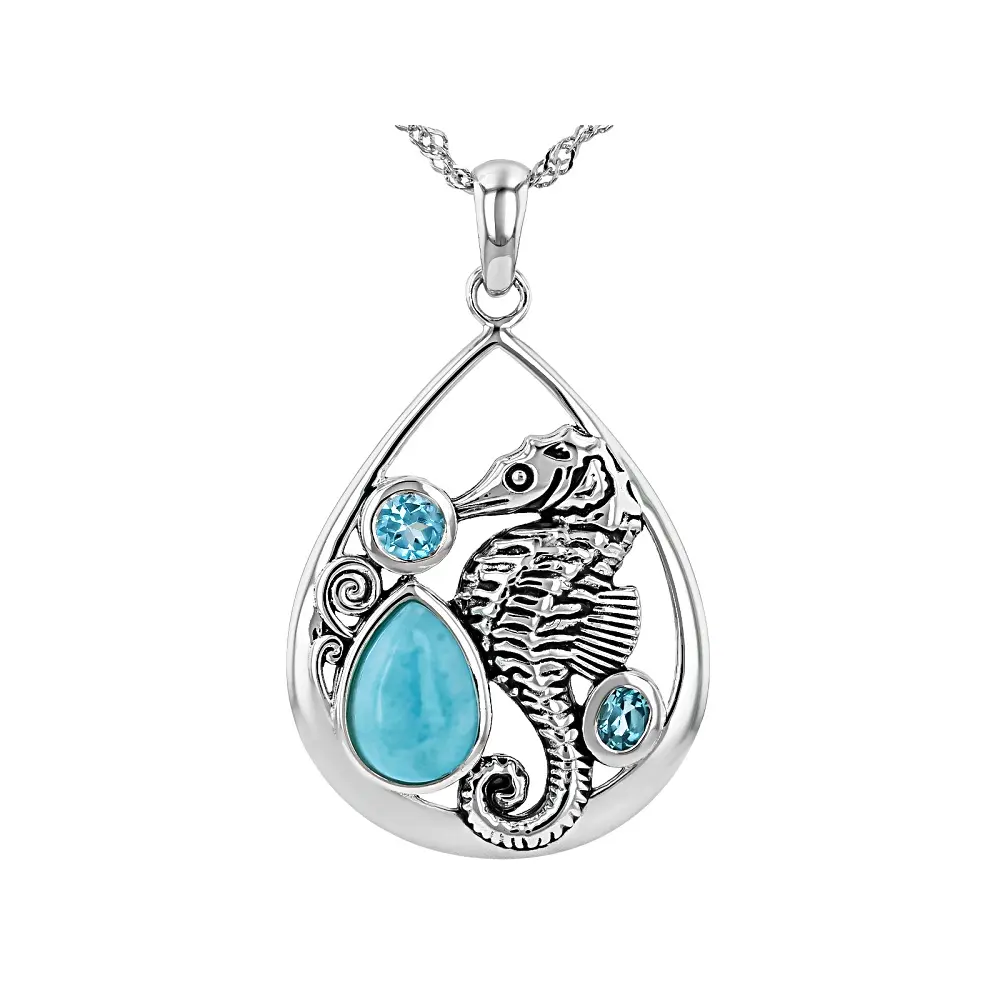 JTV Blue Larimar, Oxidized Sterling Silver Pendant with Chain 0.49ctw