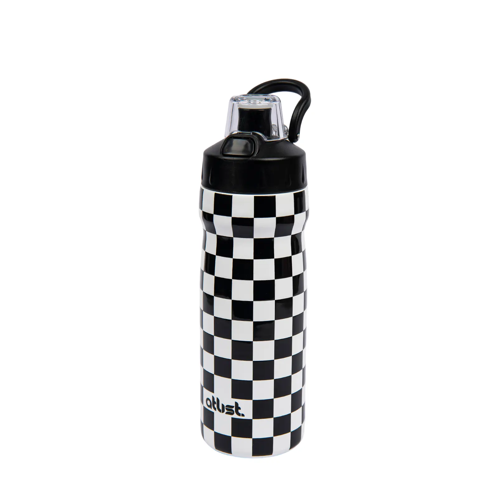ATLIST Stainless Steel Insulated Flask - 18 oz Portable Lightweight Water Bottle with Straw, Button Pop-Up Lid, Leak-Proof, 2-in-1 Sip/Chug, Hanging Handle, Cute Pink Checkered Print (Fits Gym/Bike Holders)