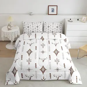 Bull Skull Western Comforter Set Boho Ethnic Horns Bedding Set for Kids Adult Brown White Tribal Symbol Mysterious Aztec Comforter