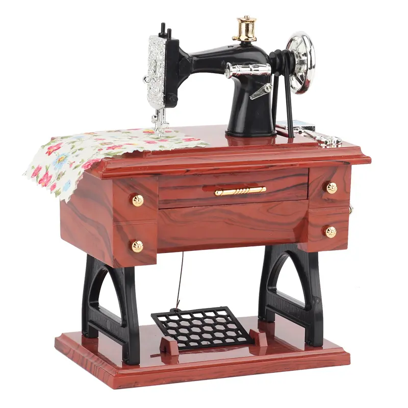 Compact Hand Crank Sewing Machine-Style Plastic Music Box, EZ Pattern Pedal Motion Desk Home Decor, Kid-Friendly Gift Idea