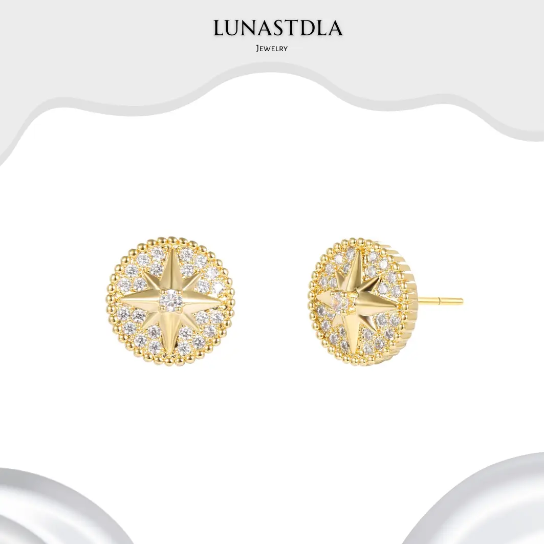 LunaStdla Celestial Compass Earrings - Vintage Zirconia Hexagram Design Golden & Silver Starburst Star Stud Earrings for Women Girls Elegant Style Suitable for Daily Wearing Birthday Party Gift for Her