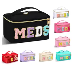 Large Black Chenille Cosmetic Medication Organizer Bag with Colorful MEDS Lettering Shiny Travel Toiletries Storage Durable Fabric Zip Closure Portable Pill Holder for Women Men Kitchen Utensils