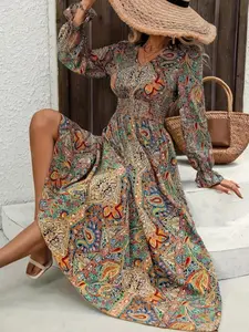 Spring & Fall Women's V-Neck Printed Floral Long Sleeve Boho Bohemian Statement Dress, Elegance, Casual Fashion, Comfortable Fit, Perfect for Daily Wear