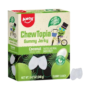 Amos ChewTopia Coconut Gummy Jerky – Vegan Fruit Snack That Tastes Like Real Dried Coconut, Soft & Chewy Easter Candy, 8.47oz Box with 9 Shareable Packs