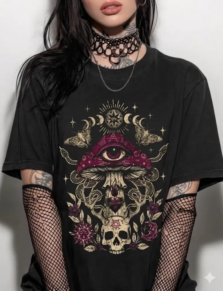 Shaniah Goth Oversized Distressed Mushroom Skull Eye Print Single Shoulder T-Shirt, Summer Goth Clothes