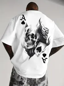 Men's Poker Spade a Skull Print Short Sleeve Long T-Shirt Top, Menswear Streetwear, Casual Street Style Loose Fit with Fiery Flame Skull Design for Summer Fashion